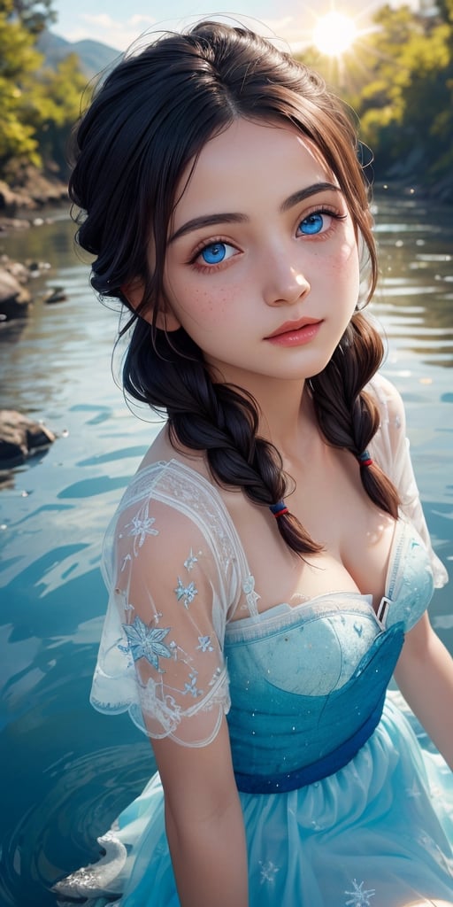 masterpiece, best quality, hyperrealistic,
photo fine print of 1woman, french, upper body portrait, freckled face,
beautiful detailed eyes, perfect face, beautiful detailed face,  overhead view,
amazing sharp focus, ultra detailed, soft skin,
braided hair, multicolored hair,
blue eyes,
, nuisette, wearing a nuisette, floral embroidery,
 sun flare,  floating particles, frozen atmosphere,  creek,
,bul4n