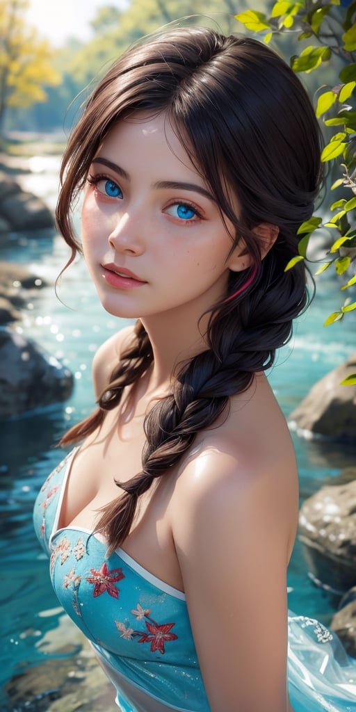 masterpiece, best quality, hyperrealistic,
photo fine print of 1woman, french, upper body portrait, freckled face,
beautiful detailed eyes, perfect face, beautiful detailed face,  overhead view,
amazing sharp focus, ultra detailed, soft skin,
braided hair, multicolored hair,
blue eyes,
, nuisette, wearing a nuisette, floral embroidery,
 sun flare,  floating particles, frozen atmosphere,  creek,
,bul4n