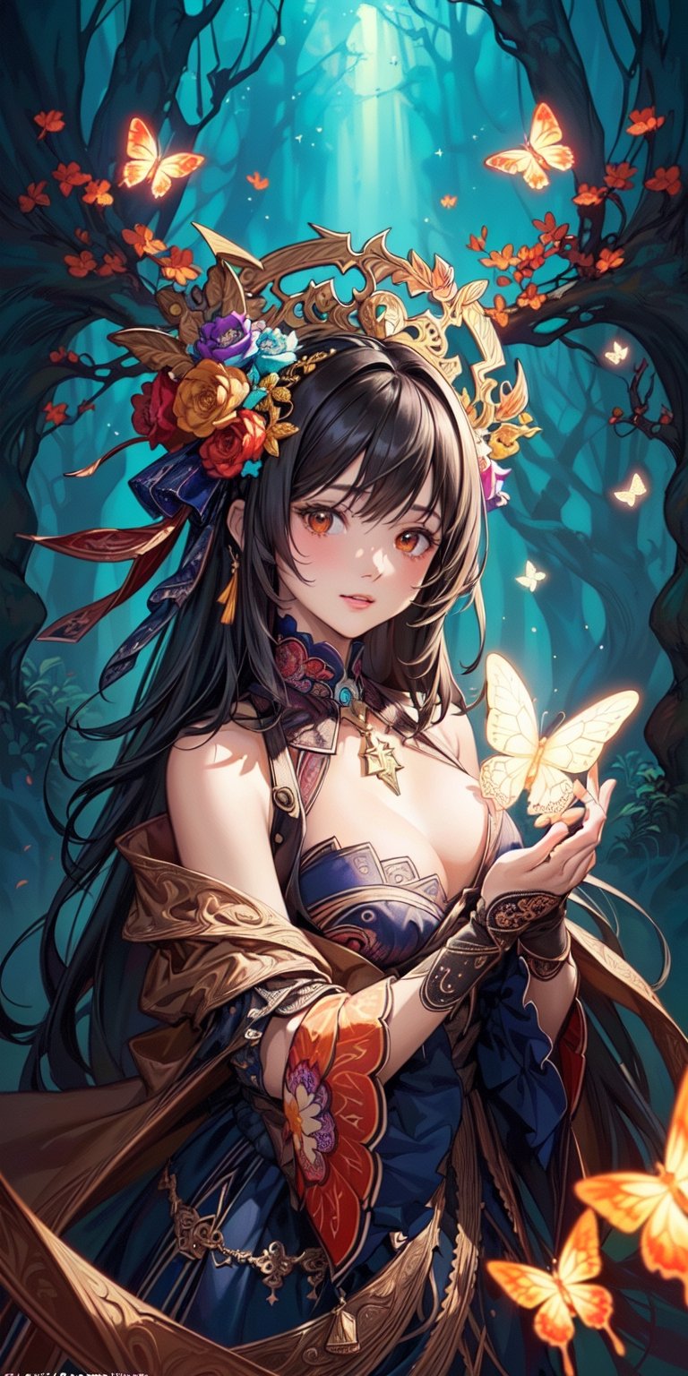 covered in medium and orange stars and butterflies(masterpiece, top quality, best, official art, beautiful and aesthetic:1.2),(masterpiece, top quality, best quality, official art, beautiful and aesthetic:1.2),(masterpiece, top quality, best quality, official art, beautiful and aesthetic:1.2), (1girl:1.3), extreme detailed,(fractal art:1.3),colorful,highest detailed,bul4n