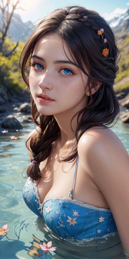 masterpiece, best quality, hyperrealistic,
photo fine print of 1woman, french, upper body portrait, freckled face,
beautiful detailed eyes, perfect face, beautiful detailed face,  overhead view,
amazing sharp focus, ultra detailed, soft skin,
braided hair, multicolored hair,
blue eyes,
, nuisette, wearing a nuisette, floral embroidery,
 sun flare,  floating particles, frozen atmosphere,  creek,
,bul4n