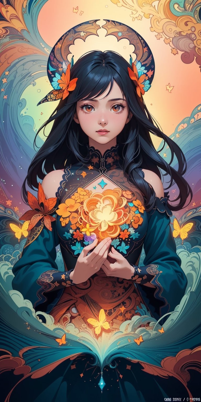 covered in medium and orange stars and butterflies(masterpiece, top quality, best, official art, beautiful and aesthetic:1.2),(masterpiece, top quality, best quality, official art, beautiful and aesthetic:1.2),(masterpiece, top quality, best quality, official art, beautiful and aesthetic:1.2), (1girl:1.3), extreme detailed,(fractal art:1.3),colorful,highest detailed,bul4n