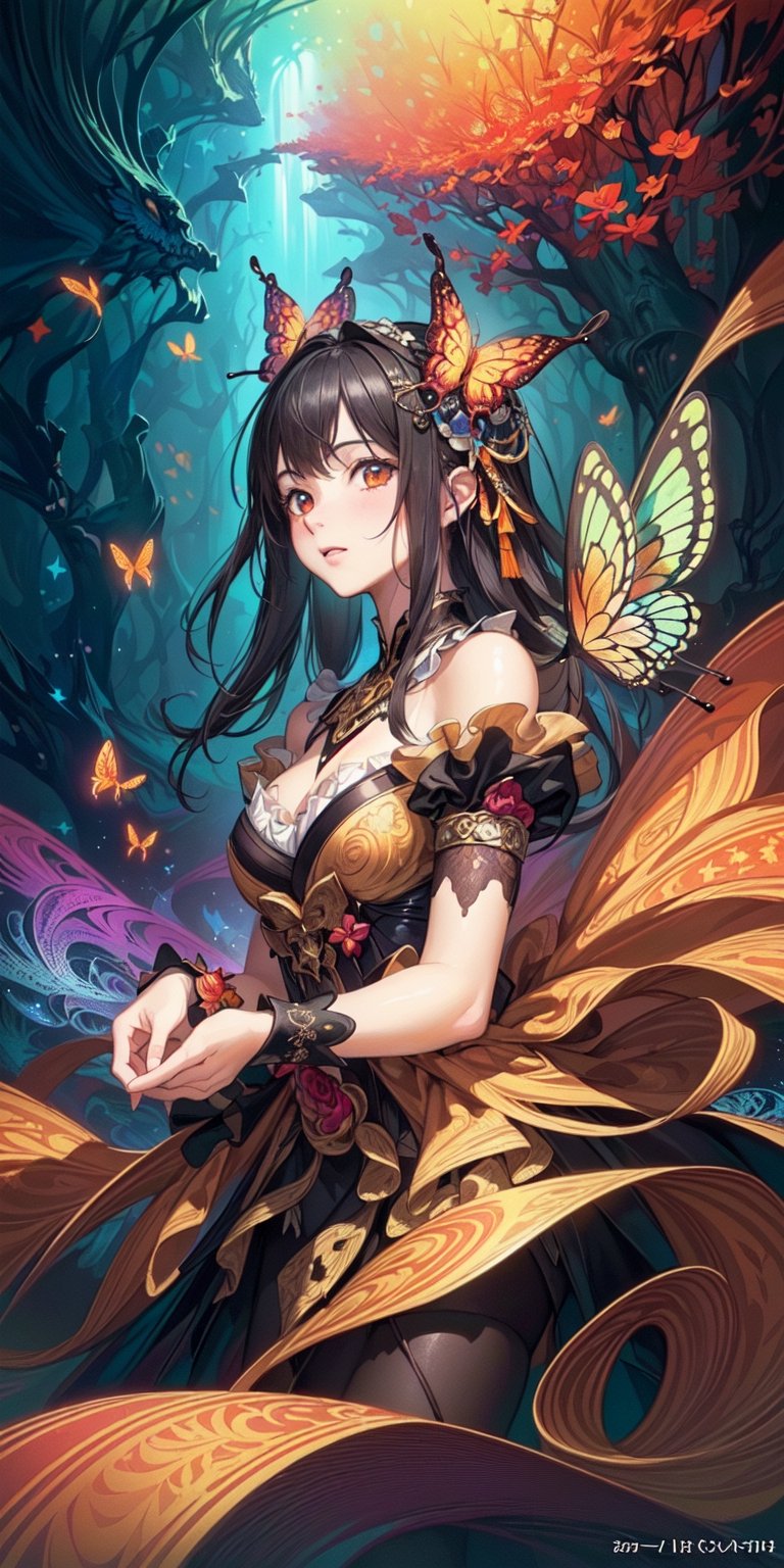 covered in medium and orange stars and butterflies(masterpiece, top quality, best, official art, beautiful and aesthetic:1.2),(masterpiece, top quality, best quality, official art, beautiful and aesthetic:1.2),(masterpiece, top quality, best quality, official art, beautiful and aesthetic:1.2), (1girl:1.3), extreme detailed,(fractal art:1.3),colorful,highest detailed,bul4n