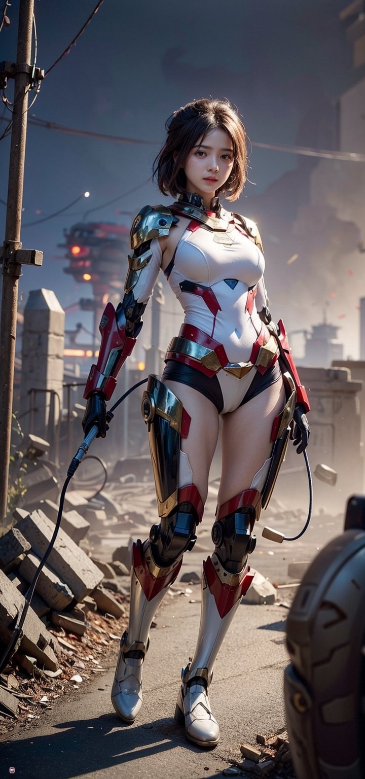 In a mesmerizing hyper-realistic oil painting, a stunning masterpiece emerges. Bathed in golden light, a perfect face exudes beauty and epic love. With vibrant colors and perfect composition, an ethereal figure radiates as wires intertwine, evoking a dystopic atmosphere. Behold the harmonious blend of body horror,perfect female body, slim thicc, short white hair, midjourney,mecha, full body shot,bul4n