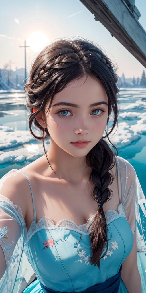 masterpiece, best quality, hyperrealistic,
photo fine print of 1woman, french, upper body portrait, freckled face,
beautiful detailed eyes, perfect face, beautiful detailed face,  overhead view,
amazing sharp focus, ultra detailed, soft skin,
braided hair, multicolored hair,
blue eyes,
, nuisette, wearing a nuisette, floral embroidery,
 sun flare,  floating particles, frozen atmosphere,  creek,
,bul4n