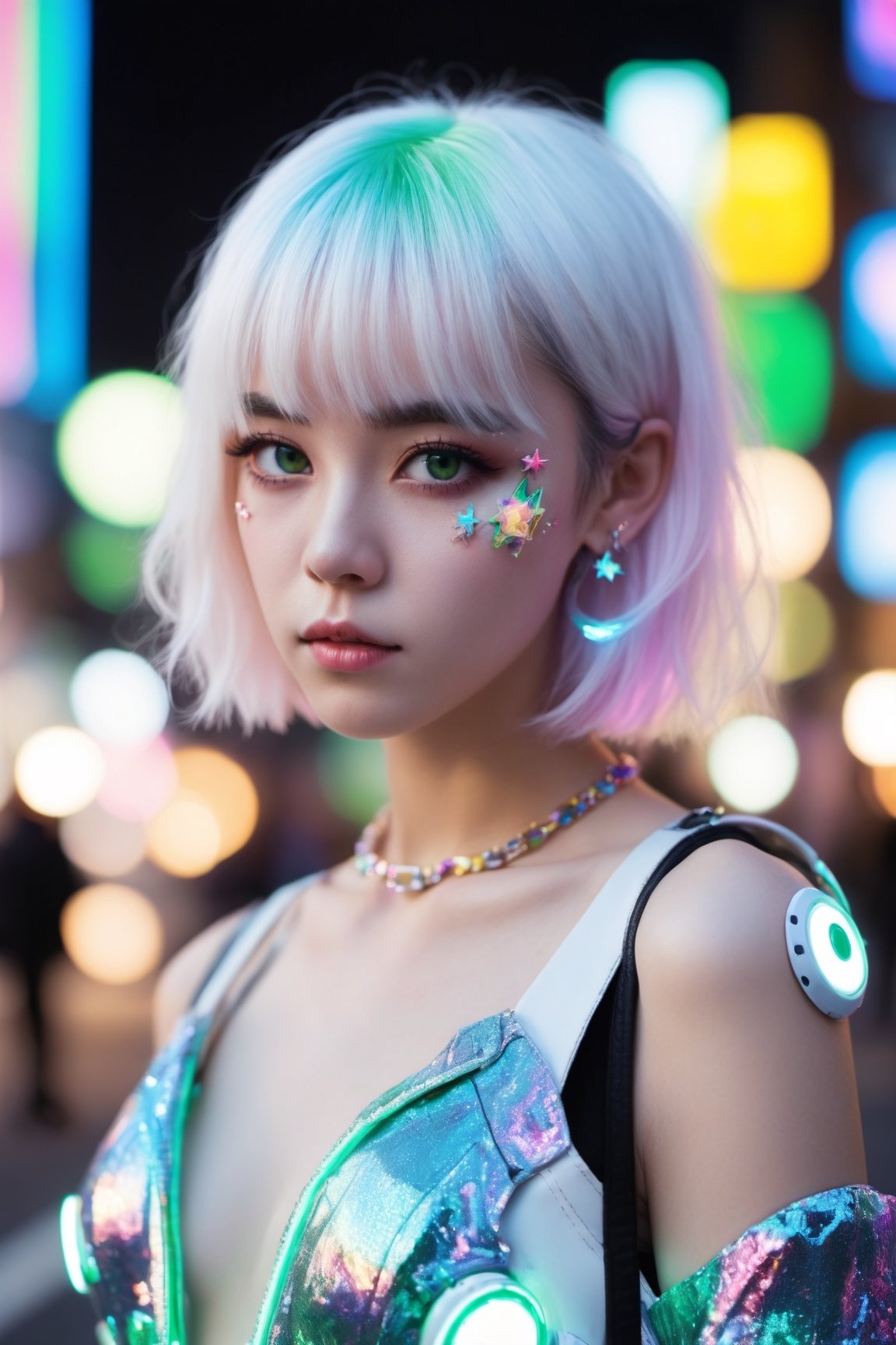 goth_punk,  roblit,  1girl,  robot,  solo,  medium shot,  walking in Harajuku,  ((night time:1.2)),  bokeh,  neon light,  (colourful background:1.2),  iridescent eyes,  starry sky,  white shimmer hair,  white eyebrow,  glowing hair,  (iridescent white hair),  earrings,  bangs,  jewellery,  mask,  blunt bangs,  green eyes,  mouth mask,  blurry background,  blurry,  hair ornament,  looking at the viewer,  short hair,  portrait,  sidelocks,  (with a robotic dragon pet wrapped around the body:1.2)