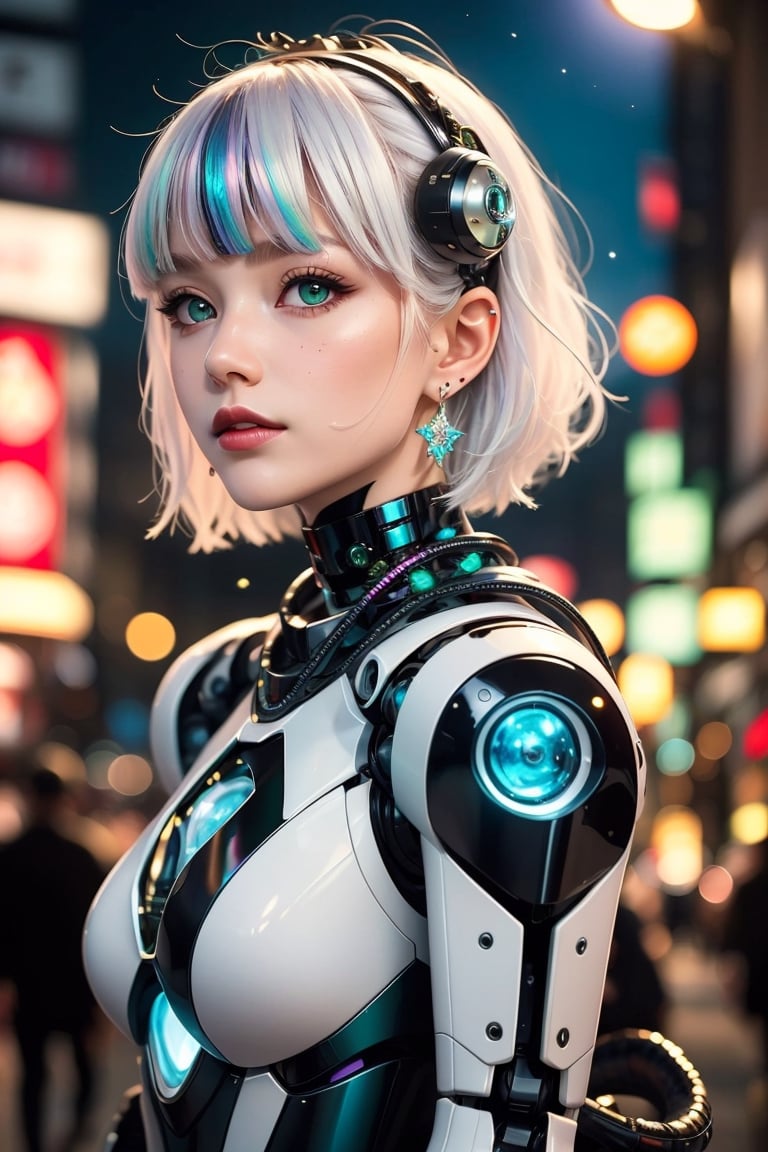 goth_punk, roblit, 1girl, robot, solo, medium shot, walking in Harajuku, ((night time:1.2)), bokeh, neon light, (colourful background:1.2), iridescent eyes, starry sky, white shimmer hair, white eyebrow, glowing hair, (iridescent white hair), earrings, bangs, jewellery, mask, blunt bangs, green eyes, mouth mask, blurry background, blurry, hair ornament, looking at the viewer, short hair, portrait, sidelocks, (with a robotic dragon pet wrapped around the body:1.2),