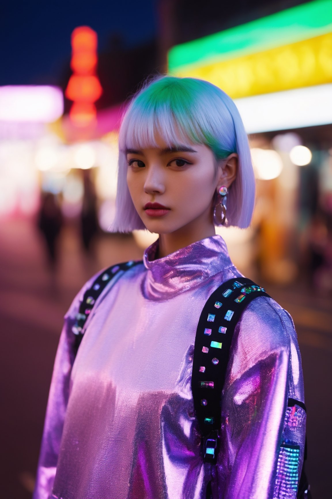 goth_punk,  roblit,  1girl,  robot,  solo,  medium shot,  walking in Harajuku,  ((night time:1.2)),  bokeh,  neon light,  (colourful background:1.2),  iridescent eyes,  starry sky,  white shimmer hair,  white eyebrow,  glowing hair,  (iridescent white hair),  earrings,  bangs,  jewellery,  mask,  blunt bangs,  green eyes,  mouth mask,  blurry background,  blurry,  hair ornament,  looking at the viewer,  short hair,  portrait,  sidelocks,  (with a robotic dragon pet wrapped around the body:1.2)