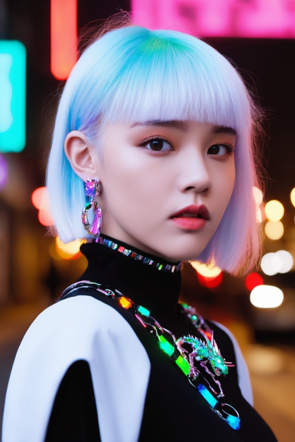 goth_punk,  roblit,  1girl,  robot,  solo,  medium shot,  walking in Harajuku,  ((night time:1.2)),  bokeh,  neon light,  (colourful background:1.2),  iridescent eyes,  starry sky,  white shimmer hair,  white eyebrow,  glowing hair,  (iridescent white hair),  earrings,  bangs,  jewellery,  mask,  blunt bangs,  green eyes,  mouth mask,  blurry background,  blurry,  hair ornament,  looking at the viewer,  short hair,  portrait,  sidelocks,  (with a robotic dragon pet wrapped around the body:1.2)