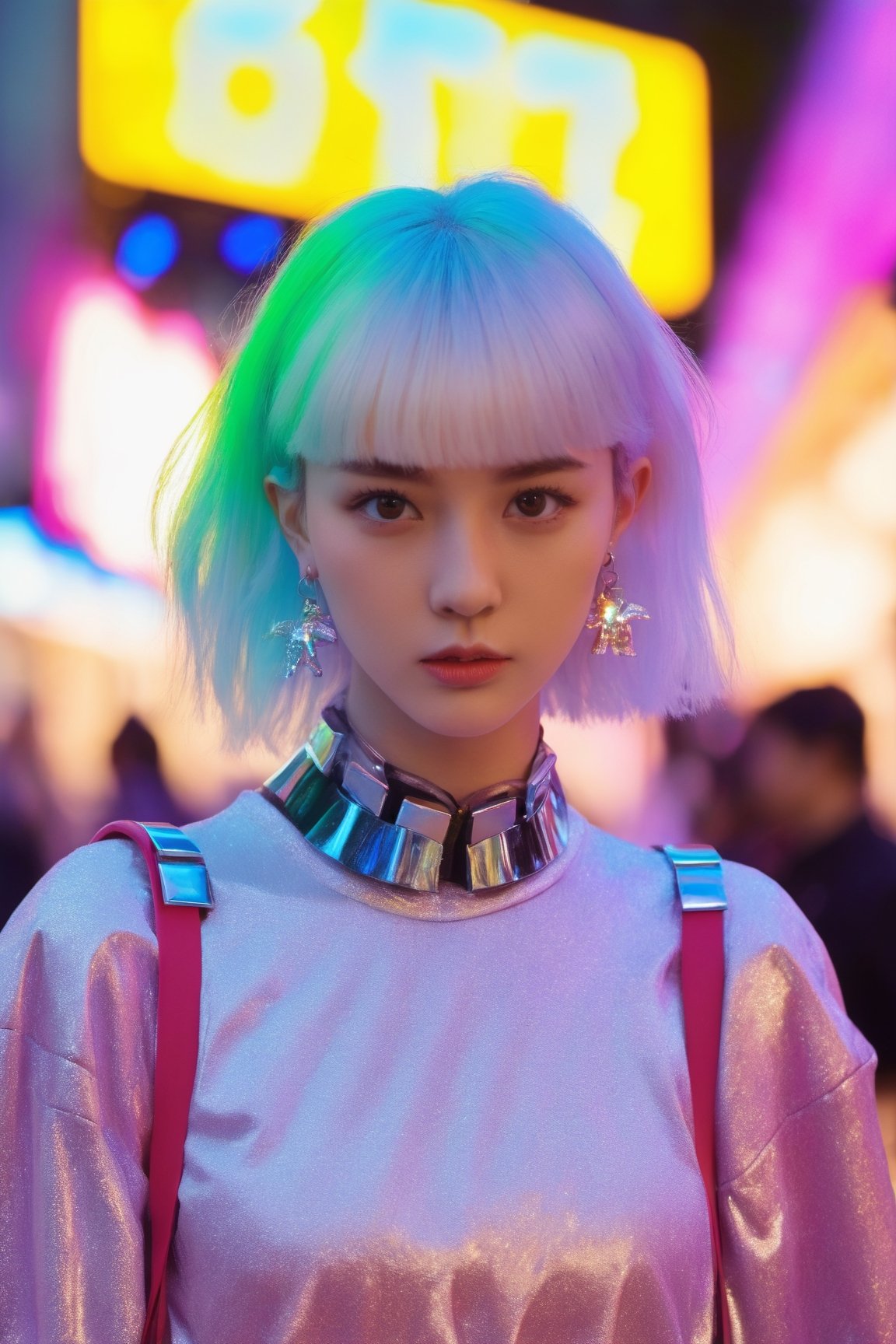 goth_punk,  roblit,  1girl,  robot,  solo,  medium shot,  walking in Harajuku,  ((night time:1.2)),  bokeh,  neon light,  (colourful background:1.2),  iridescent eyes,  starry sky,  white shimmer hair,  white eyebrow,  glowing hair,  (iridescent white hair),  earrings,  bangs,  jewellery,  mask,  blunt bangs,  green eyes,  mouth mask,  blurry background,  blurry,  hair ornament,  looking at the viewer,  short hair,  portrait,  sidelocks,  (with a robotic dragon pet wrapped around the body:1.2)