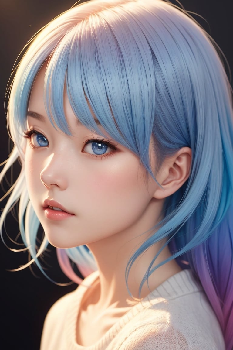 anime ,realistic ,sketch , 1girl, ,lip, Sweater,order, Blue gradient background, Neon hair,Textured crop, Canadian , (masterpiece,best quality,niji style)