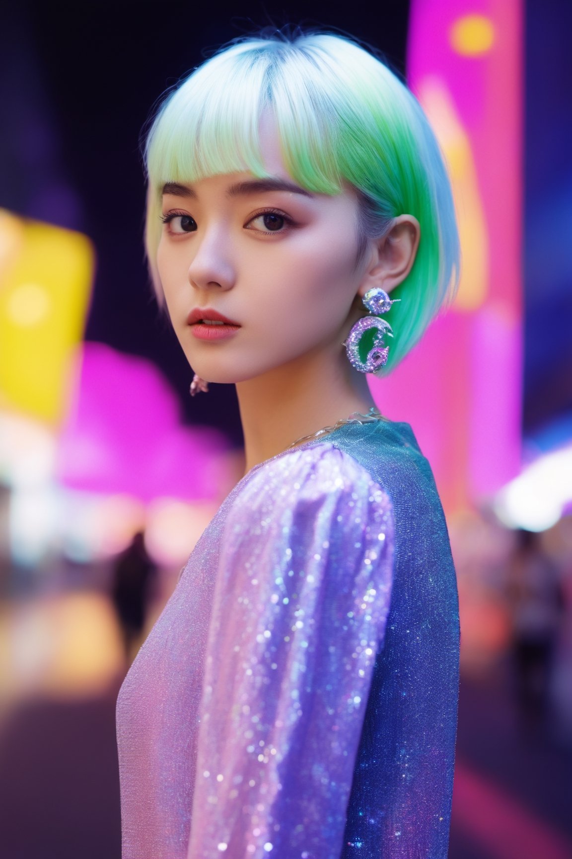 goth_punk,  roblit,  1girl,  robot,  solo,  medium shot,  walking in Harajuku,  ((night time:1.2)),  bokeh,  neon light,  (colourful background:1.2),  iridescent eyes,  starry sky,  white shimmer hair,  white eyebrow,  glowing hair,  (iridescent white hair),  earrings,  bangs,  jewellery,  mask,  blunt bangs,  green eyes,  mouth mask,  blurry background,  blurry,  hair ornament,  looking at the viewer,  short hair,  portrait,  sidelocks,  (with a robotic dragon pet wrapped around the body:1.2)