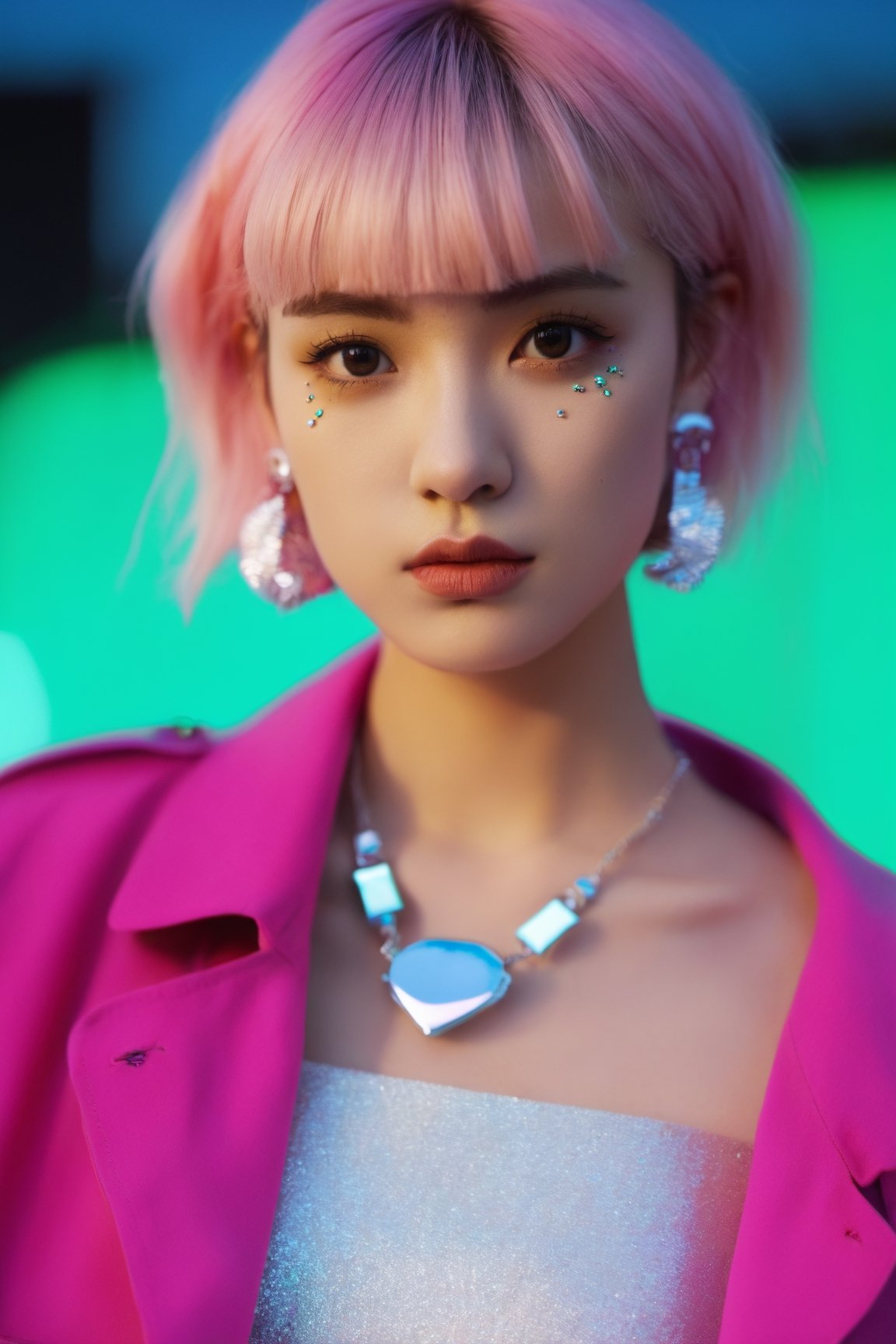 goth_punk,  roblit,  1girl,  robot,  solo,  medium shot,  walking in Harajuku,  ((night time:1.2)),  bokeh,  neon light,  (colourful background:1.2),  iridescent eyes,  starry sky,  white shimmer hair,  white eyebrow,  glowing hair,  (iridescent white hair),  earrings,  bangs,  jewellery,  mask,  blunt bangs,  green eyes,  mouth mask,  blurry background,  blurry,  hair ornament,  looking at the viewer,  short hair,  portrait,  sidelocks,  (with a robotic dragon pet wrapped around the body:1.2)