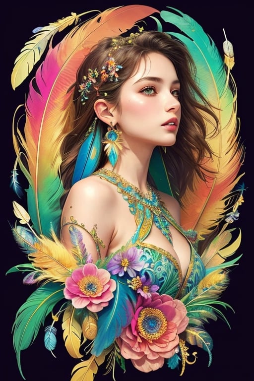 (masterpiece, top quality, best quality, official art, beautiful and aesthetic:1.2), (1girl:1.3), extremely detailed,(fractal art:1.1),(colorful:1.1)(flowers:1.3),highest detailed,(zentangle:1.2), (dynamic pose), (abstract background:1.3), (shiny skin), (many colors:1.4), ,(earrings), (feathers:1.5)