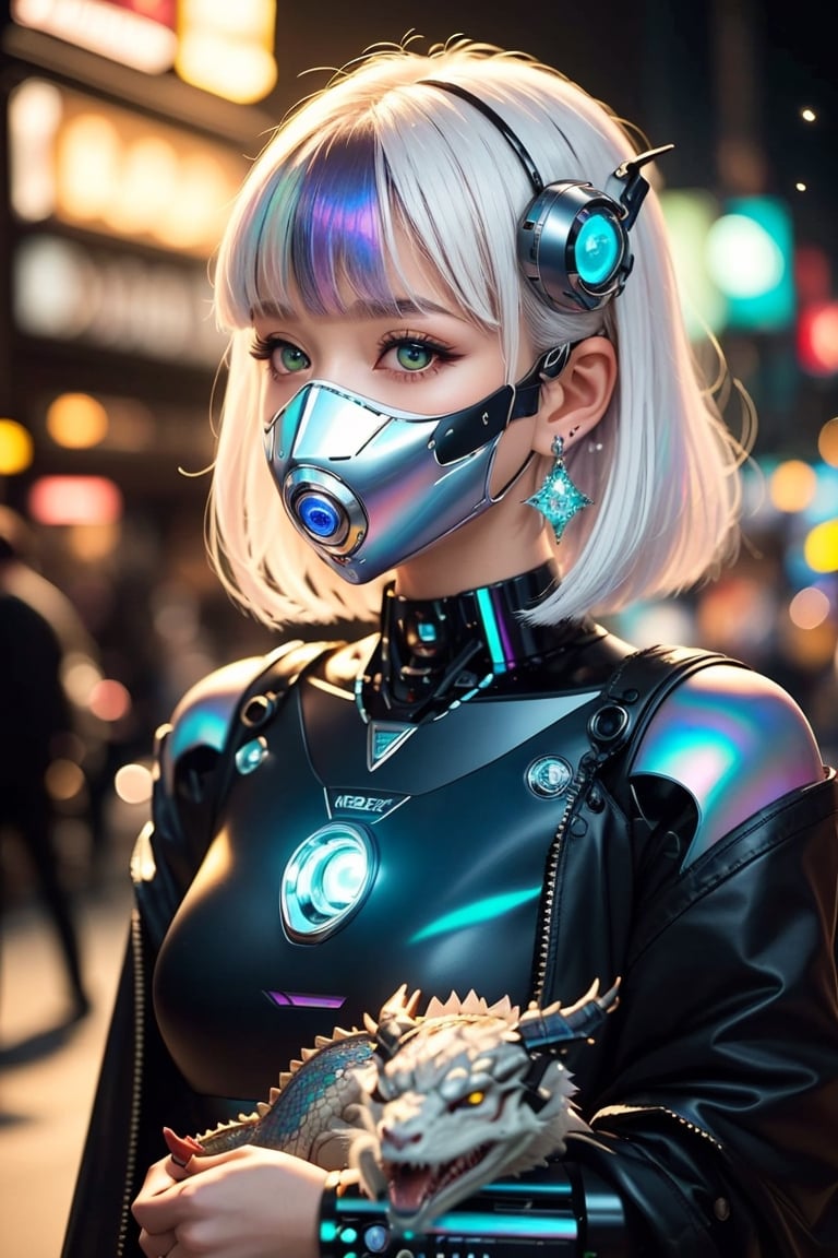 goth_punk, roblit, 1girl, robot, solo, medium shot, walking in Harajuku, ((night time:1.2)), bokeh, neon light, (colourful background:1.2), iridescent eyes, starry sky, white shimmer hair, white eyebrow, glowing hair, (iridescent white hair), earrings, bangs, jewellery, mask, blunt bangs, green eyes, mouth mask, blurry background, blurry, hair ornament, looking at the viewer, short hair, portrait, sidelocks, (with a robotic dragon pet wrapped around the body:1.2),