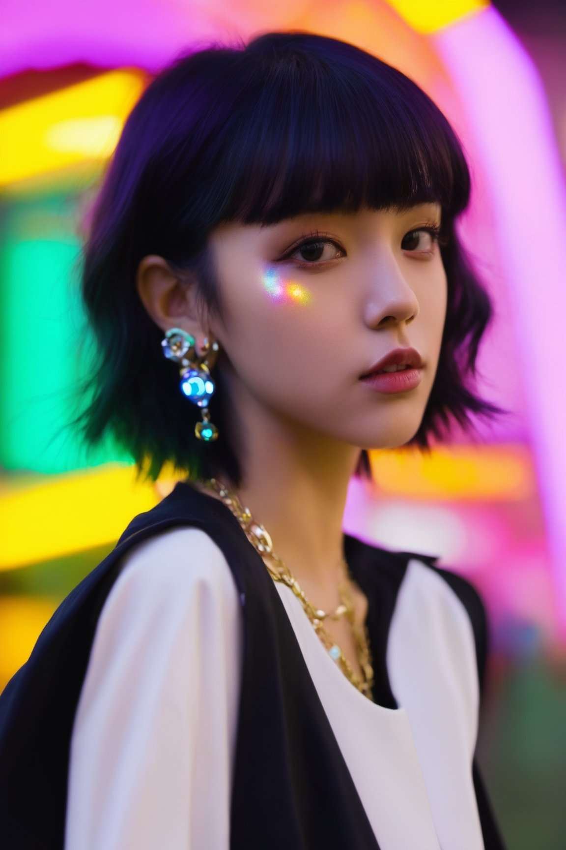 goth_punk,  roblit,  1girl,  robot,  solo,  medium shot,  walking in Harajuku,  ((night time:1.2)),  bokeh,  neon light,  (colourful background:1.2),  iridescent eyes,  starry sky,  white shimmer hair,  white eyebrow,  glowing hair,  (iridescent white hair),  earrings,  bangs,  jewellery,  mask,  blunt bangs,  green eyes,  mouth mask,  blurry background,  blurry,  hair ornament,  looking at the viewer,  short hair,  portrait,  sidelocks,  (with a robotic dragon pet wrapped around the body:1.2)