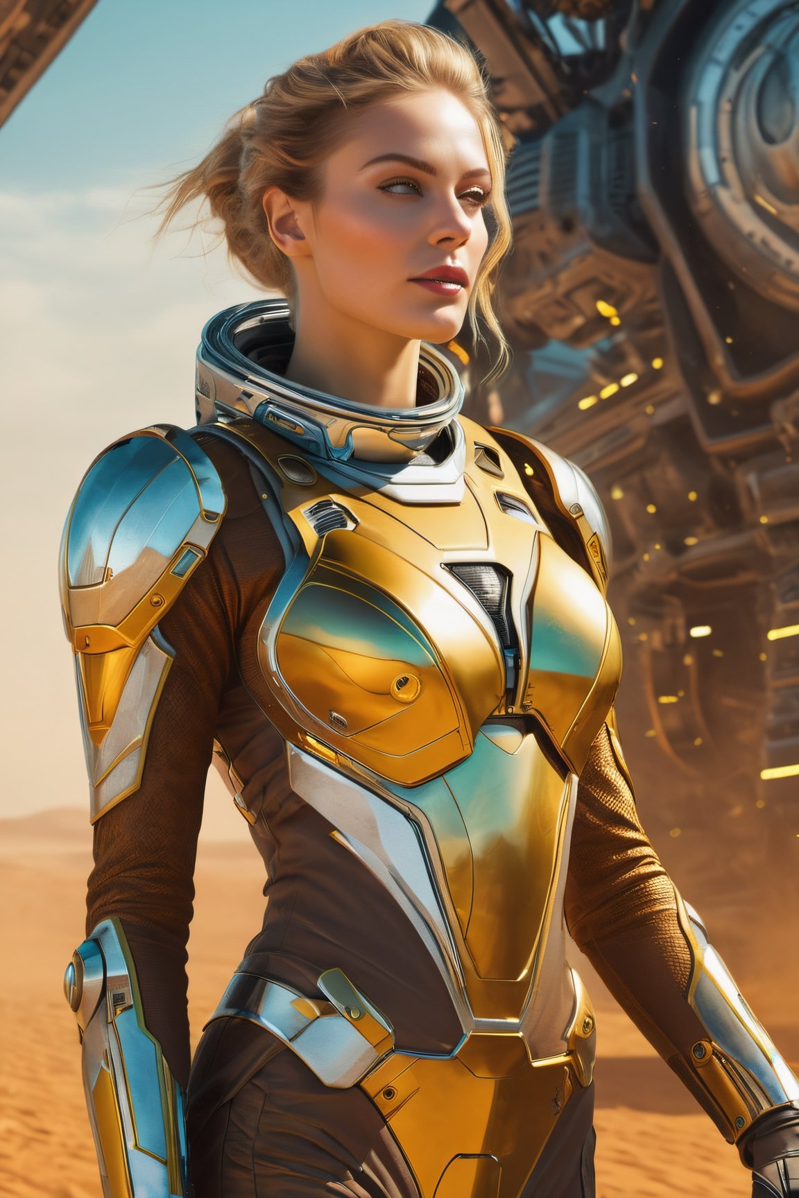 (Hyperrealistic scene of a beautiful Russian woman, (futuristic Russian cosmonaut), (Coming out of a spaceship), leading an expedition on another planet, commanding a landing of highly sophisticated robotic construction equipment on a new planet, (futuristic, (realistic and futuristic spacesuit style), (perfect face and realistic textures), professional dynamic pathography, intricate, cinematic, ominous, movie poster, golden ratio, cgsociety trend, intricate, epic, artstation trend, vibrant, ,cyborg,mecha,zj