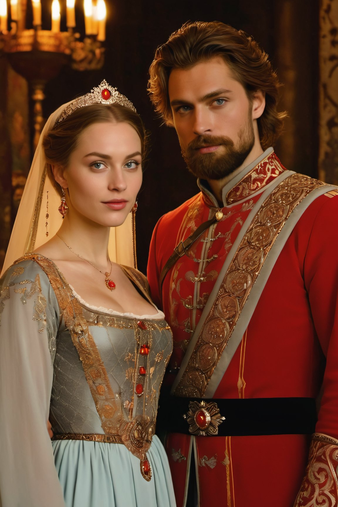 Husbands of the monarchy, 35 year olds, porcelain white skin, blue-gray eyes, neat brown hair, Bearded man and beautiful woman with traditional Russian ornamentation with gold details and red fabrics, (Moscow Principality Monarchy of the 13th century), twilight environment with a dim light on their faces, ultra detailed, (photorealistic),Movie Still,aw0k euphoric style,photo r3al