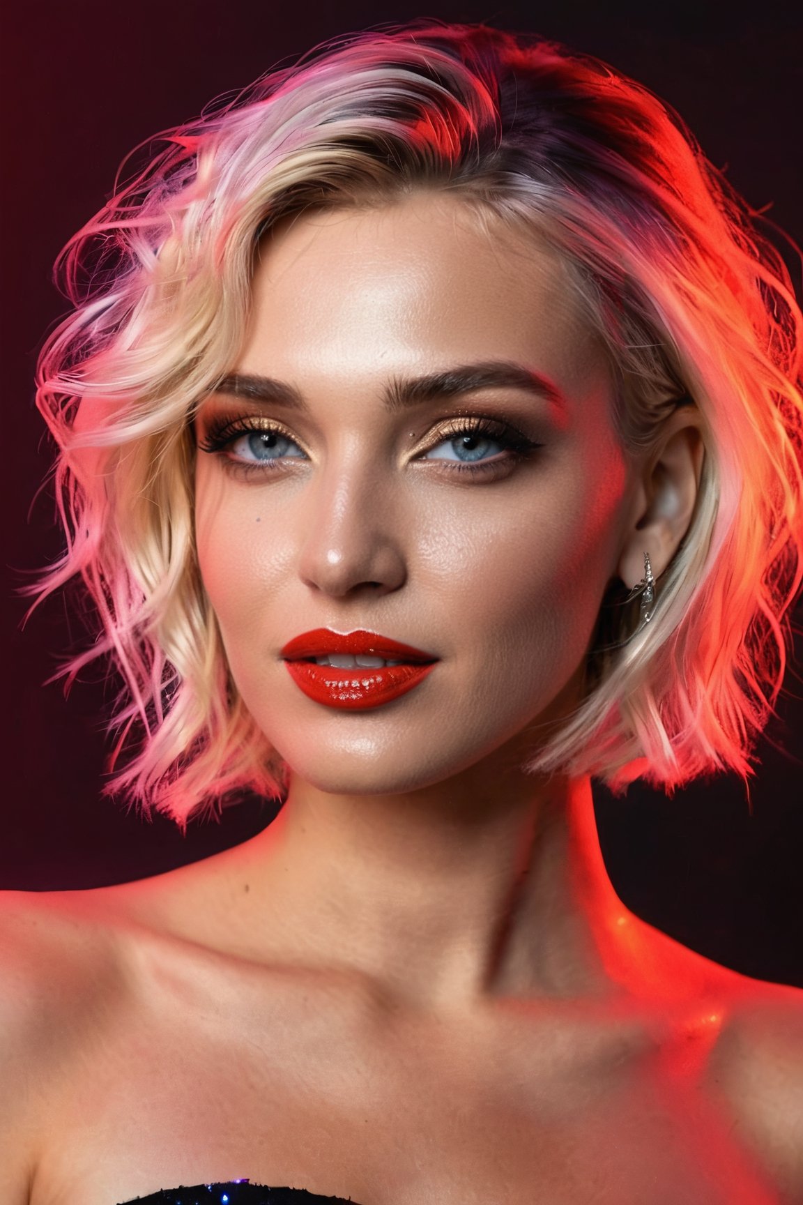 A beautiful Russian woman: ((Polina Gagarina)), smiling charismatically in a high fashion photo shoot: (Russian fashion style, Soviet retro futuristic retro) with red and black background, with smoke, neon lights, the style of realistic and hyper-detailed renders, dynamic artistic photogarphy, dim penumbra, and (volumetric lights projected on her face), detailed eyes, perfect eyes, (black hair). (moisture and water droplets on skin), (full shot image), ((has a big charismatic smile)) epic, dramatic, fantastic, full body, intricate design and detail, dramatic lighting, hyperrealism, photorealistic, detailed face, dramatic photo, epic photo, high quality, UHD, Luminous Studio graphics engine, violet, cyan, octane render, cloudy haze, fiery limbs,coocolor,cyborg