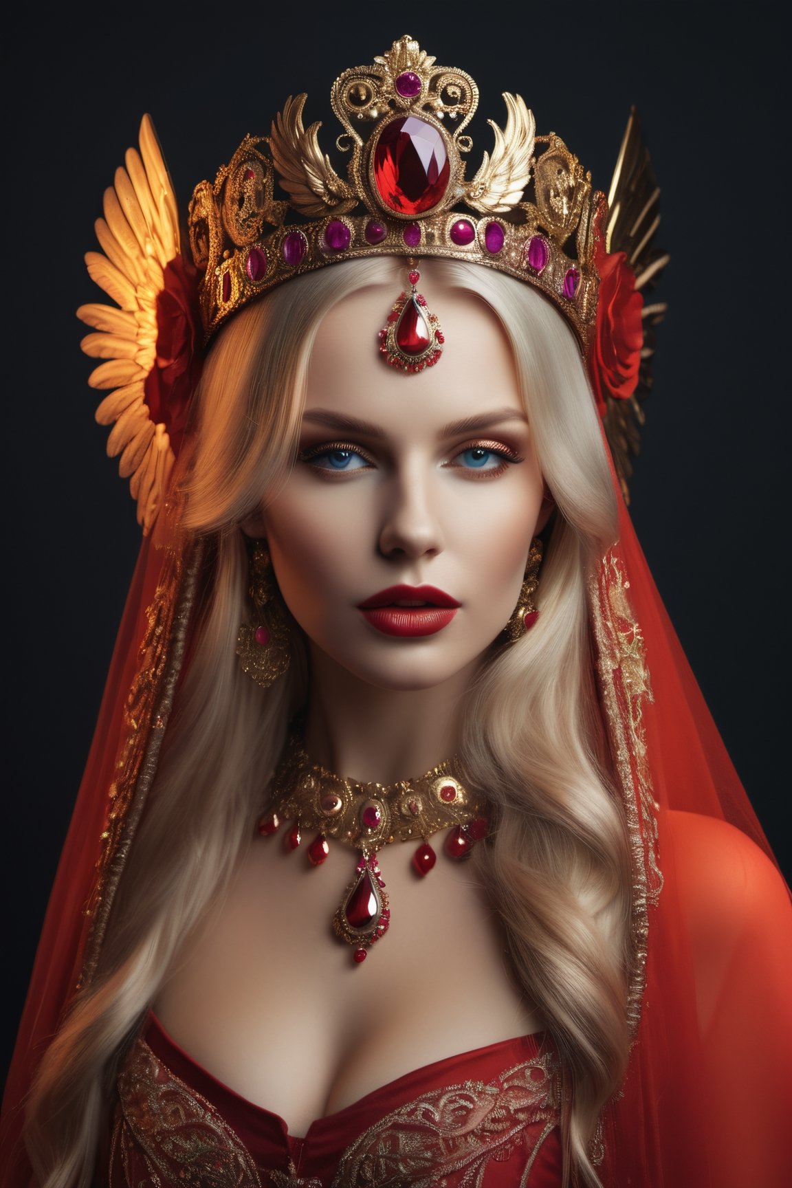(((Full body photo))), Artistic photograph of Anna Linnikova with traditional Russian ornamentation with very intricate and hyper-realistic details. On her head is a large metallic red Kokoshnik of circular shape. She has to look with leading expression like a powerful Russian queen, with long platinum blonde hair in the wind, golden wings and red lipstick. Dimly lit environment with a soft spot of light focused on the face, mystical Russian atmosphere, cinematic fantasy, close-up, vibrant high contrast, hyper-realistic, background should be red gradient to brownish orange, everything has to be very detailed and hyper-realistic, UHD, strong reflections, one point lighting from the right vibrant volumetric color bear, Luminous Studio graphics engine, magenta, purple blue, cyan, octane render,coocolor