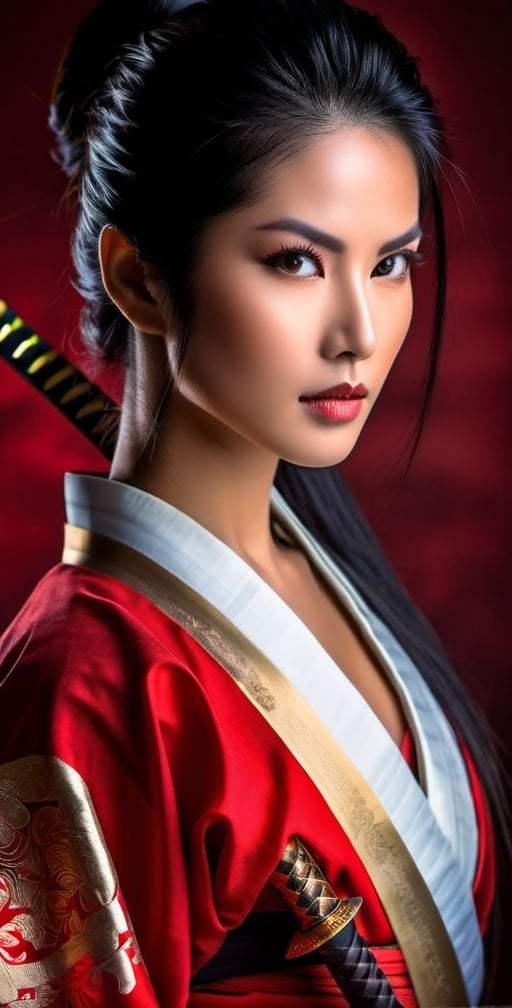 Generate an image of a captivating woman. She possesses stunning, expressive eyes that reflect her strength and wisdom. Her long, lustrous black hair flows gracefully as she stands tall in a traditional samurai outfit, exuding elegance and power. In her hand, she firmly holds a gleaming Katana sword, symbolizing her mastery in the art of the sword and her dedication to the way of the warrior." (Photographic, realistic, masterpiece, HDR high quality image,), 