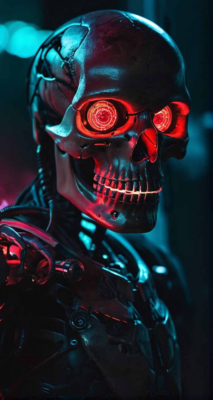 full body photo of evil menacing Translucent bio luminescent  cyborg skull, a beam of dark cosmic light  in background, red glowing vibrant eye socket,(intricate detail), (super detailed), 8k hdr, highly detailed,  perfect lighting, sinister glow,  atmospheric perspective, ray tracing, endless void background, skull fragments everywhere, Movie Still, backlighting, , cyborg style, Film Still,vaporwave style,cyborg style