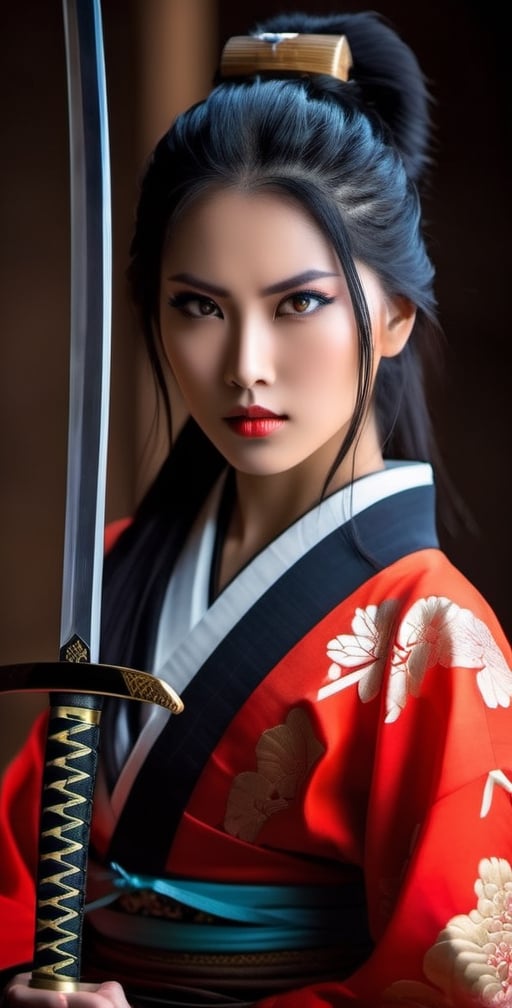 Generate an image of a girl. She possesses stunning, expressive eyes that reflect her strength and wisdom. Her long, lustrous black hair flows gracefully as she stands tall in a traditional samurai outfit, exuding elegance and power. In her hand, she firmly holds a gleaming Katana sword, symbolizing her mastery in the art of the sword and her dedication to the way of the warrior