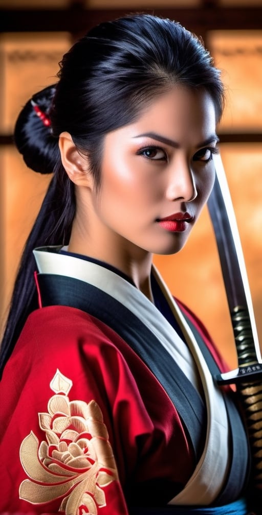 Generate an image of a captivating woman. She possesses stunning, expressive eyes that reflect her strength and wisdom. Her long, lustrous black hair flows gracefully as she stands tall in a traditional samurai outfit, exuding elegance and power. In her hand, she firmly holds a gleaming Katana sword, symbolizing her mastery in the art of the sword and her dedication to the way of the warrior." (Photographic with natural skin, realistic, masterpiece, HDR high quality image,), 