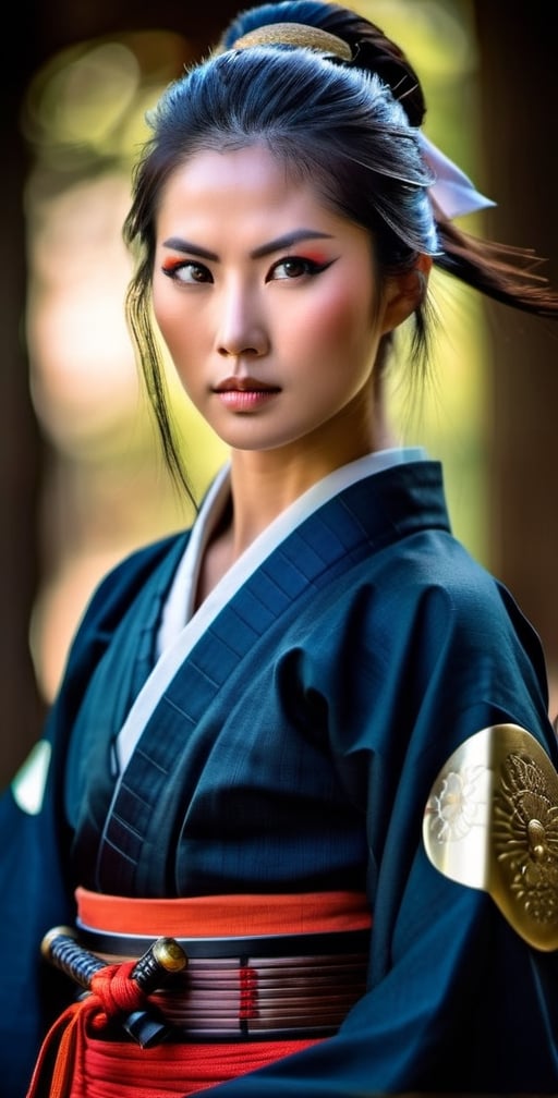 "Generate an image of a captivating Japanese samurai woman. She possesses stunning, expressive eyes that reflect her strength and wisdom. Her long, lustrous black hair flows gracefully as she stands tall in a traditional samurai outfit, exuding elegance and power. In her hand, she firmly holds a gleaming Katana sword, symbolizing her mastery in the art of the sword and her dedication to the way of the warrior." (Photographic, realistic, masterpiece, HDR high quality image,), 