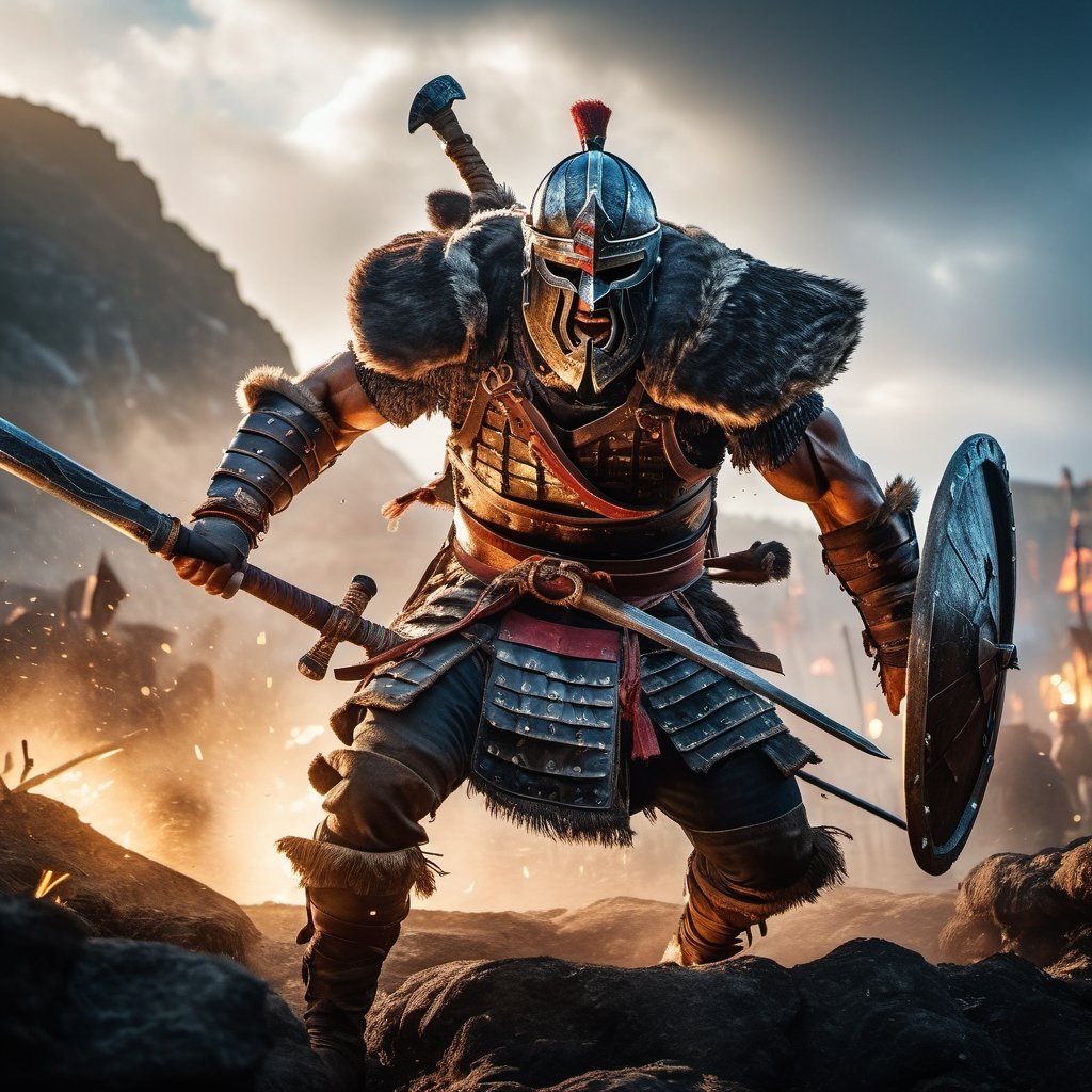 ((Insanely dynamic action shot)) of Berserker from For Honor, ultra realistic shot on Fujifilm GFX 50r Darek Zabrocki, Neil Blevins, Cedric Peyravernay, atmospheric