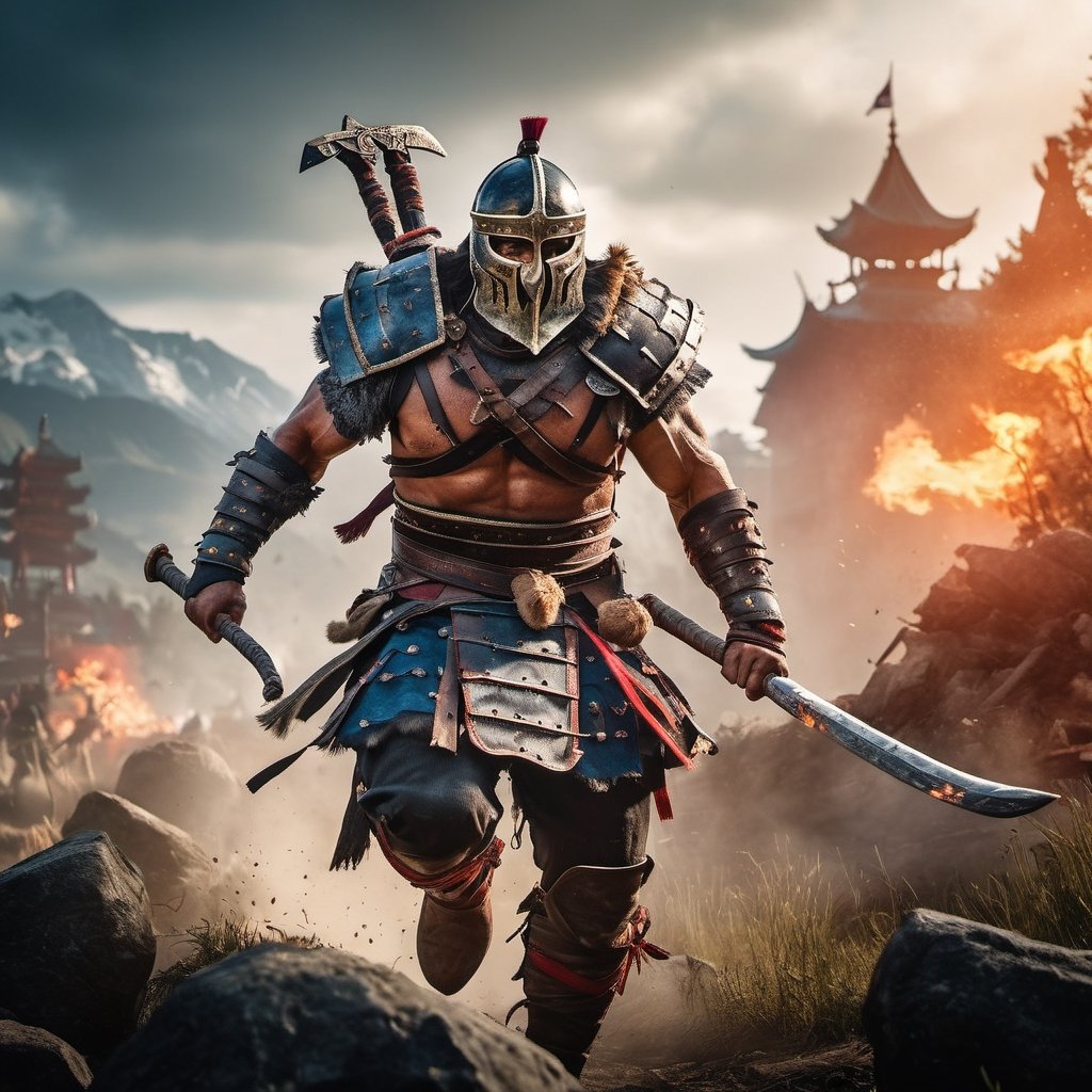 ((Insanely dynamic action shot)) of Berserker from For Honor, ultra realistic shot on Fujifilm GFX 50r Darek Zabrocki, Neil Blevins, Cedric Peyravernay, atmospheric