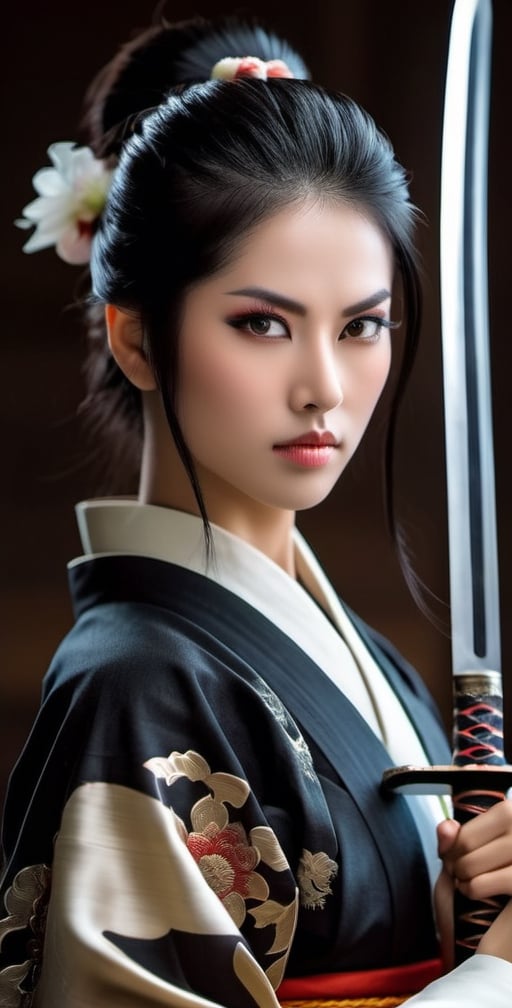 Generate an image of a girl. She possesses stunning, expressive eyes that reflect her strength and wisdom. Her long, lustrous black hair flows gracefully as she stands tall in a traditional samurai outfit, exuding elegance and power. In her hand, she firmly holds a gleaming Katana sword, symbolizing her mastery in the art of the sword and her dedication to the way of the warrior