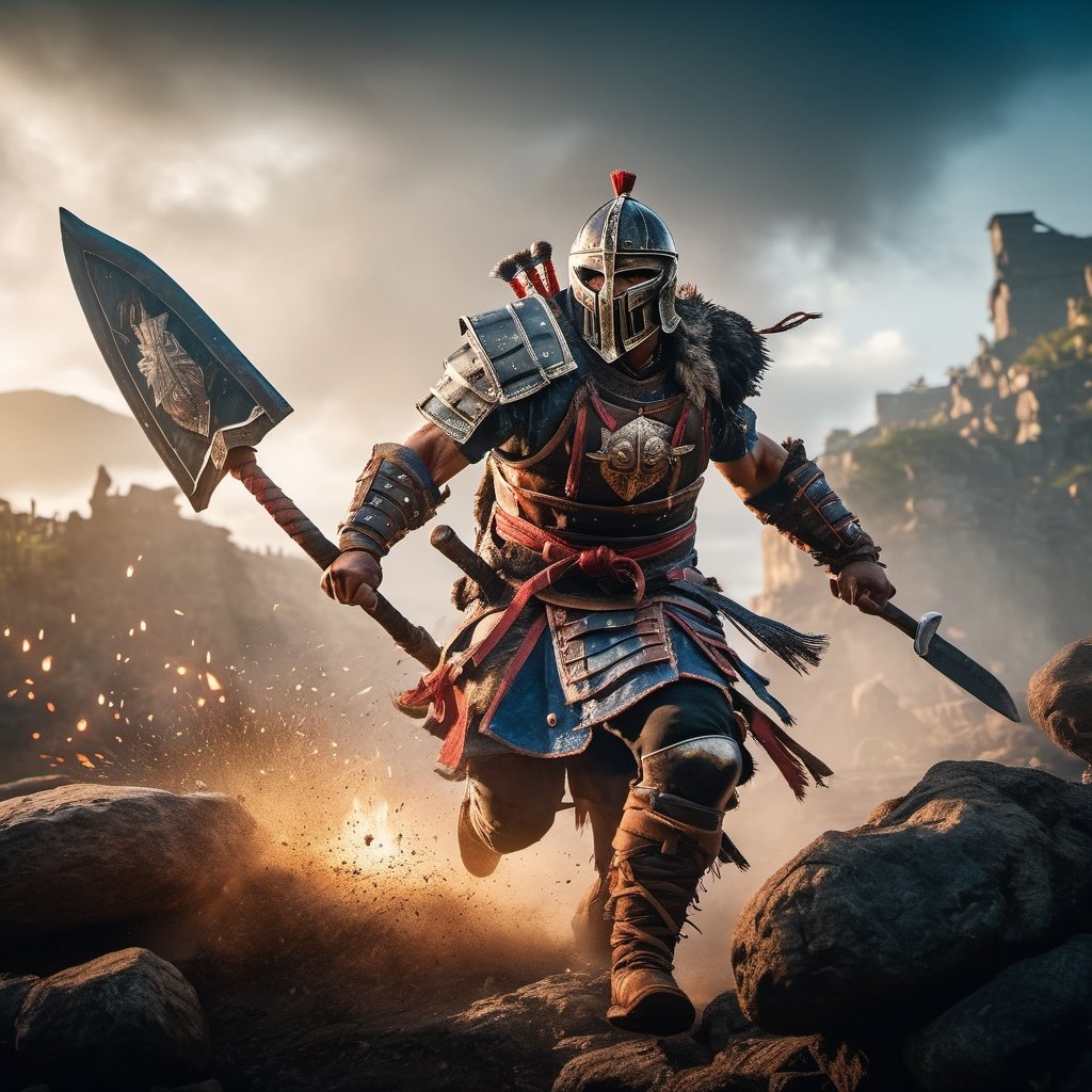 ((Insanely dynamic action shot)) of Berserker from For Honor, ultra realistic shot on Fujifilm GFX 50r Darek Zabrocki, Neil Blevins, Cedric Peyravernay, atmospheric