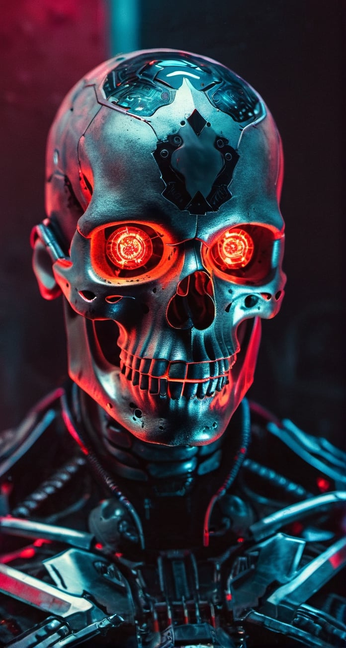 full body photo of evil menacing Translucent bio luminescent  cyborg skull, a beam of dark cosmic light  in background, red glowing vibrant eye socket,(intricate detail), (super detailed), 8k hdr, highly detailed,  perfect lighting, sinister glow,  atmospheric perspective, ray tracing, endless void background, skull fragments everywhere, Movie Still, backlighting, , cyborg style, Film Still,vaporwave style,cyborg style