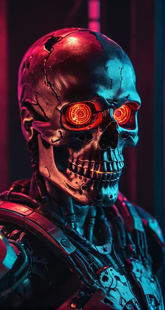 full body photo of evil menacing Translucent bio luminescent  cyborg skull, a beam of dark cosmic light  in background, red glowing vibrant eye socket,(intricate detail), (super detailed), 8k hdr, highly detailed,  perfect lighting, sinister glow,  atmospheric perspective, ray tracing, endless void background, skull fragments everywhere, Movie Still, backlighting, , cyborg style, Film Still,vaporwave style,cyborg style