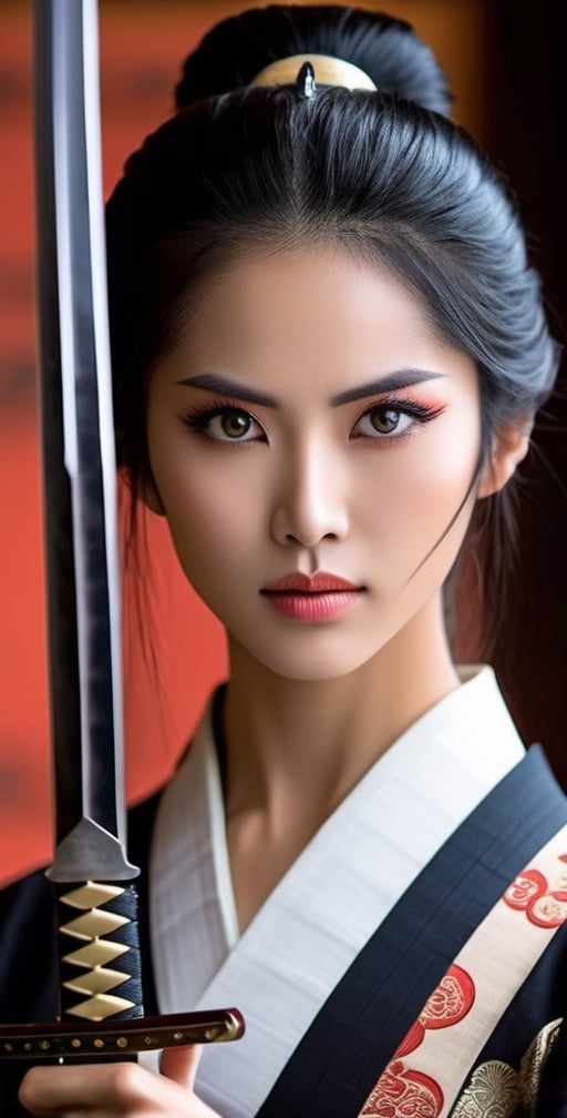 Generate an image of a girl. She possesses stunning, expressive eyes that reflect her strength and wisdom. Her long, lustrous black hair flows gracefully as she stands tall in a traditional samurai outfit, exuding elegance and power. In her hand, she firmly holds a gleaming Katana sword, symbolizing her mastery in the art of the sword and her dedication to the way of the warrior