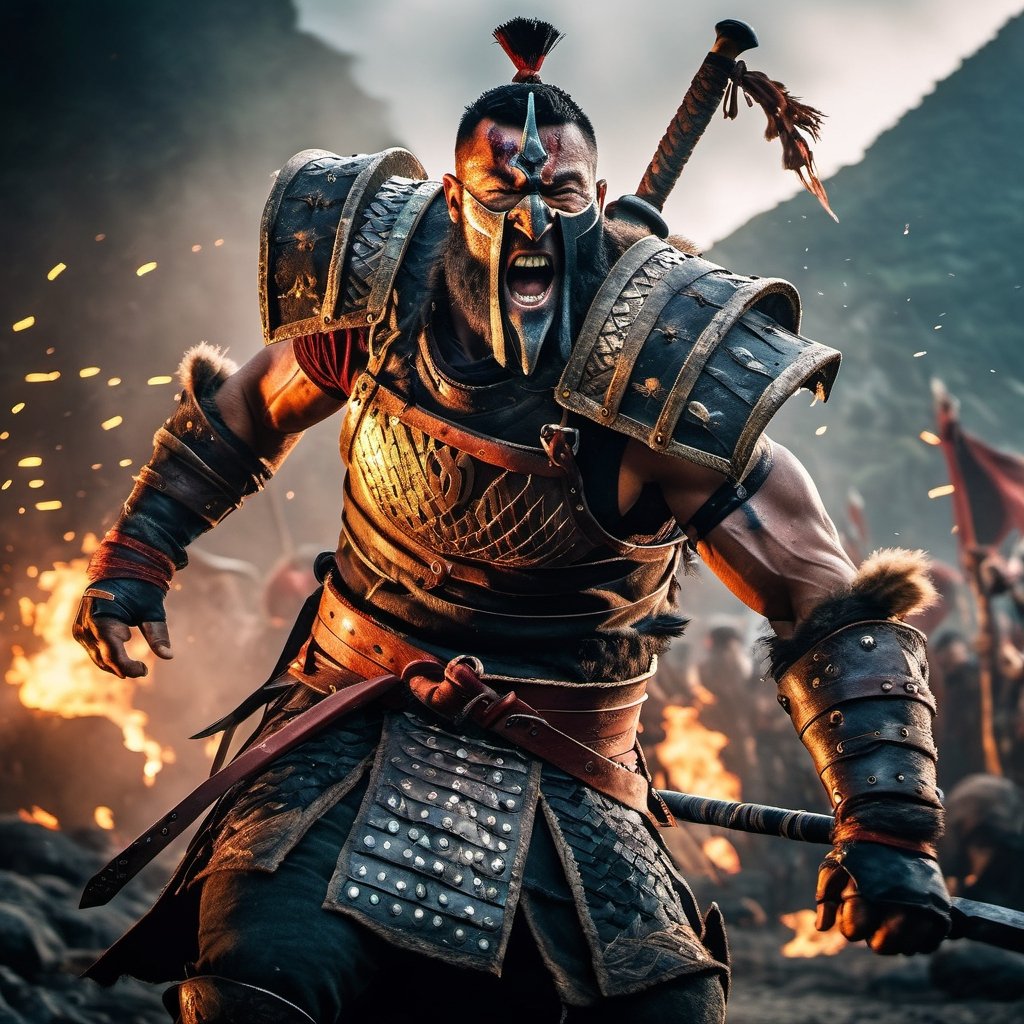 ((Insanely dynamic action shot)) of Berserker from For Honor, ultra realistic shot on Fujifilm GFX 50r Darek Zabrocki, Neil Blevins, Cedric Peyravernay, atmospheric