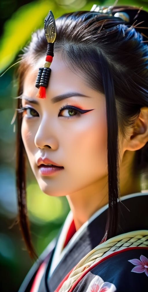 "Generate an image of a captivating Japanese samurai woman. She possesses stunning, expressive eyes that reflect her strength and wisdom. Her long, lustrous black hair flows gracefully as she stands tall in a traditional samurai outfit, exuding elegance and power. In her hand, she firmly holds a gleaming Katana sword, symbolizing her mastery in the art of the sword and her dedication to the way of the warrior." (Photographic, realistic, masterpiece, HDR high quality image,), 