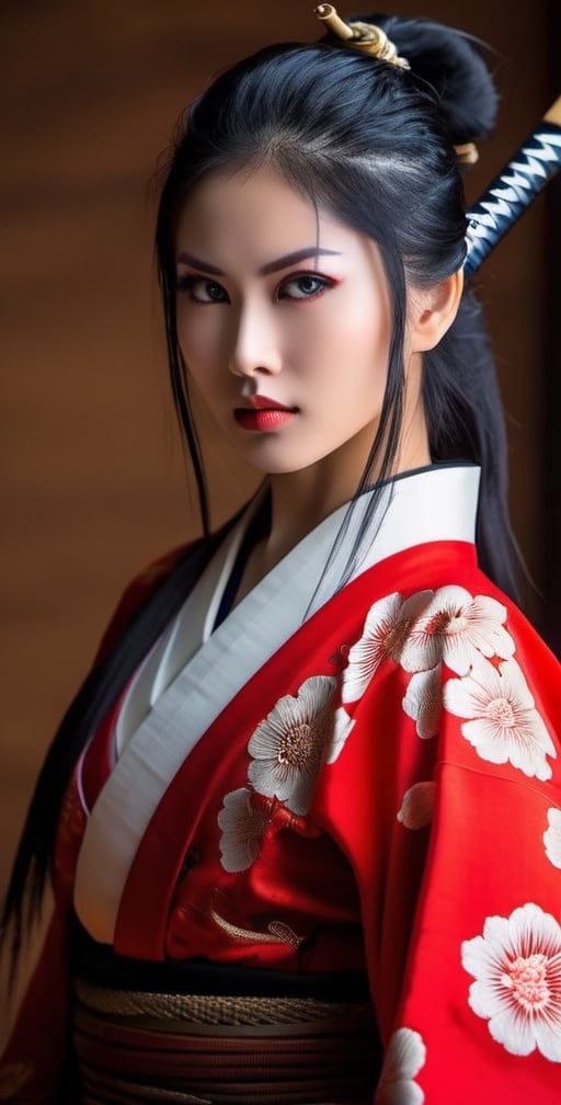 Generate an image of a girl. She possesses stunning, expressive eyes that reflect her strength and wisdom. Her long, lustrous black hair flows gracefully as she stands tall in a traditional samurai outfit, exuding elegance and power. In her hand, she firmly holds a gleaming Katana sword, symbolizing her mastery in the art of the sword and her dedication to the way of the warrior