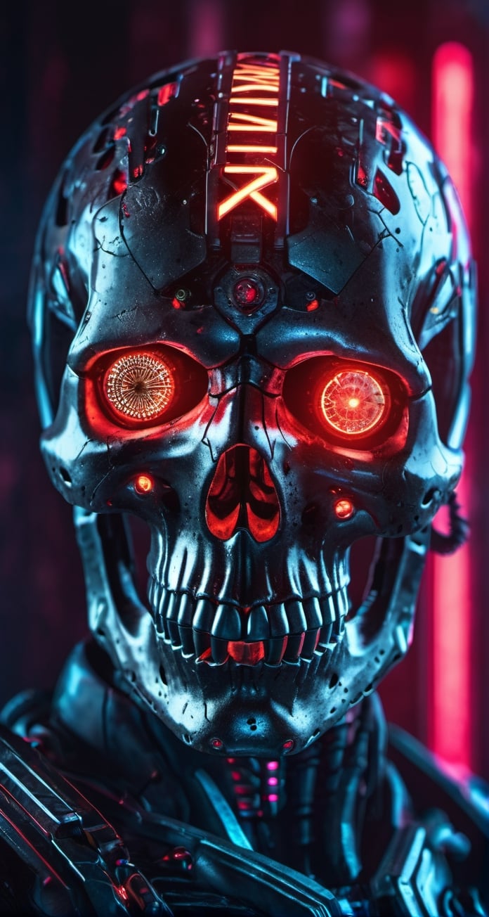 full body photo of evil menacing Translucent bio luminescent  cyborg skull, a beam of dark cosmic light  in background, red glowing vibrant eye socket,(intricate detail), (super detailed), 8k hdr, highly detailed,  perfect lighting, sinister glow,  atmospheric perspective, ray tracing, endless void background, skull fragments everywhere, Movie Still, backlighting, , cyborg style, Film Still,vaporwave style,cyborg style