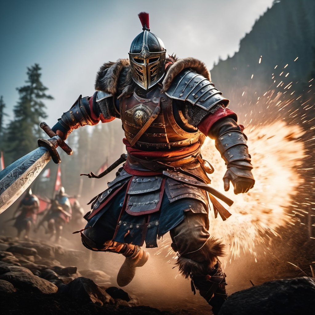 ((Insanely dynamic action shot)) of Berserker from For Honor, ultra realistic shot on Fujifilm GFX 50r Darek Zabrocki, Neil Blevins, Cedric Peyravernay, atmospheric