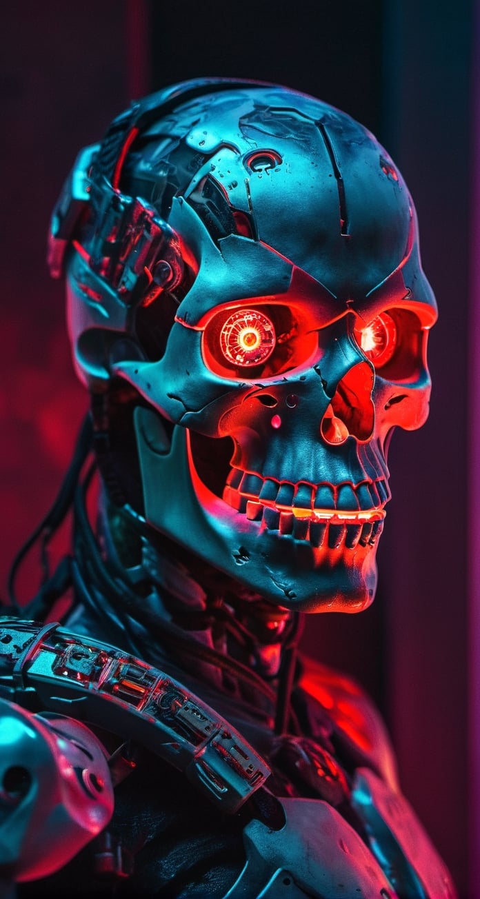 full body photo of evil menacing Translucent bio luminescent  cyborg skull, a beam of dark cosmic light  in background, red glowing vibrant eye socket,(intricate detail), (super detailed), 8k hdr, highly detailed,  perfect lighting, sinister glow,  atmospheric perspective, ray tracing, endless void background, skull fragments everywhere, Movie Still, backlighting, , cyborg style, Film Still,vaporwave style,cyborg style