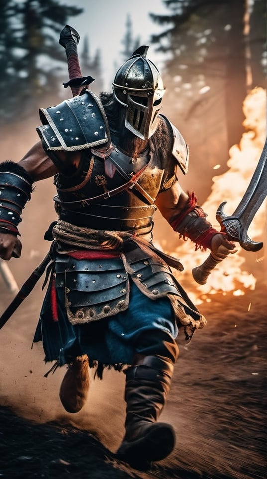 ((Insanely dynamic action shot)) of Berserker from For Honor, ultra realistic shot on Fujifilm GFX 50r Darek Zabrocki, Neil Blevins, Cedric Peyravernay, atmospheric