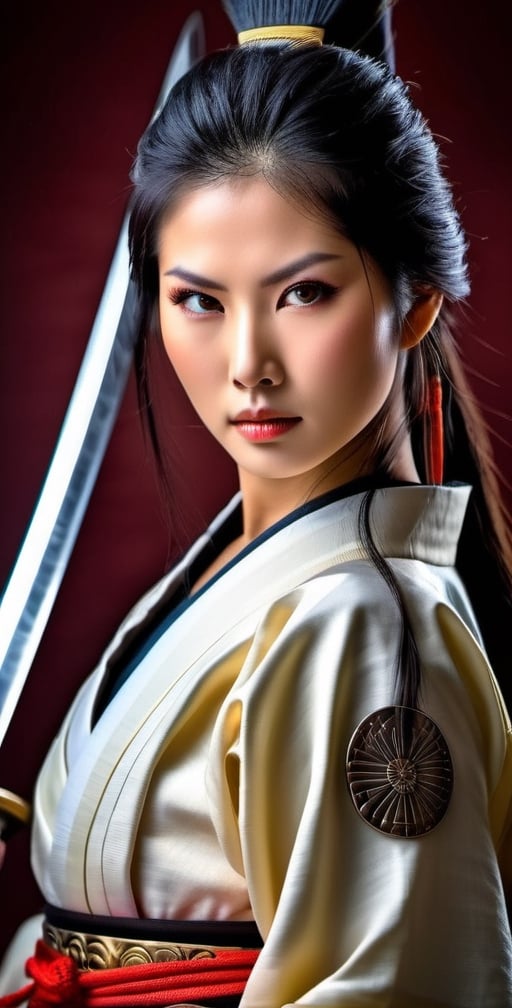 "Generate an image of a captivating Japanese samurai woman. She possesses stunning, expressive eyes that reflect her strength and wisdom. Her long, lustrous black hair flows gracefully as she stands tall in a traditional samurai outfit, exuding elegance and power. In her hand, she firmly holds a gleaming Katana sword, symbolizing her mastery in the art of the sword and her dedication to the way of the warrior." (Photographic, realistic, masterpiece, HDR high quality image,), 