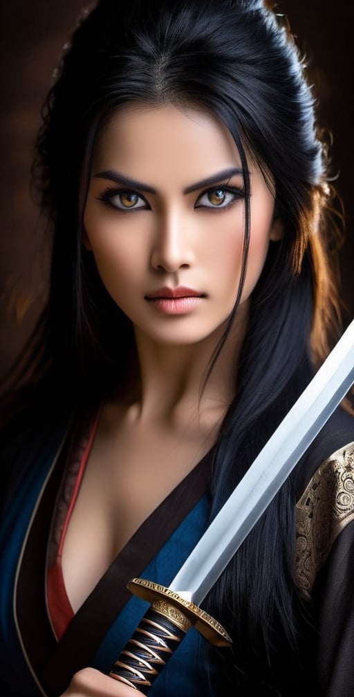 Generate an image of a girl. She possesses stunning, expressive eyes that reflect her strength and wisdom. Her long, lustrous black hair flows gracefully exuding elegance and power. In her hand, she firmly holds a gleaming Katana sword, symbolizing her mastery in the art of the sword and her dedication to the way of the warrior