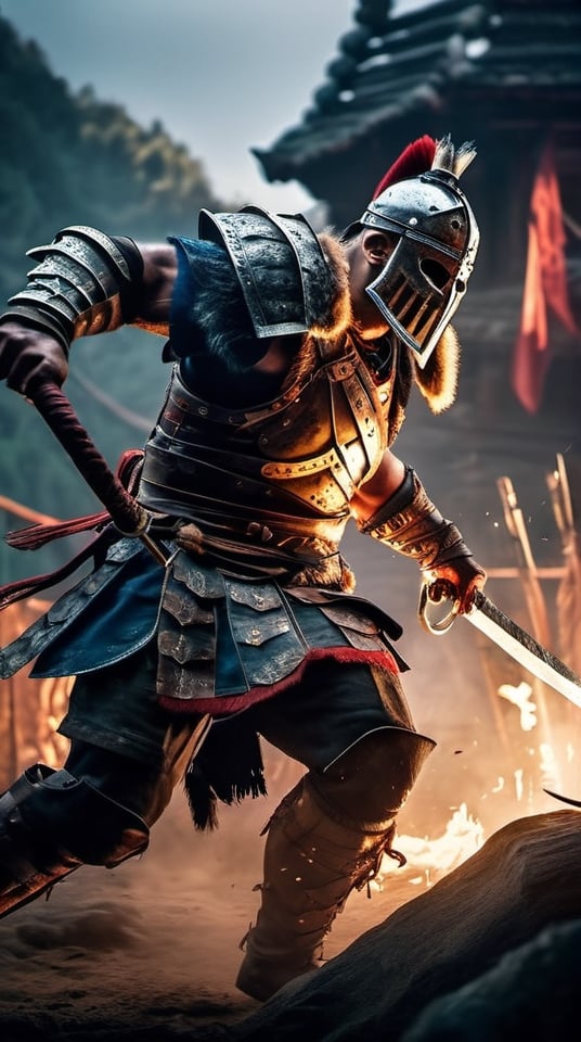 ((Insanely dynamic action shot)) of Berserker from For Honor, ultra realistic shot on Fujifilm GFX 50r Darek Zabrocki, Neil Blevins, Cedric Peyravernay, atmospheric