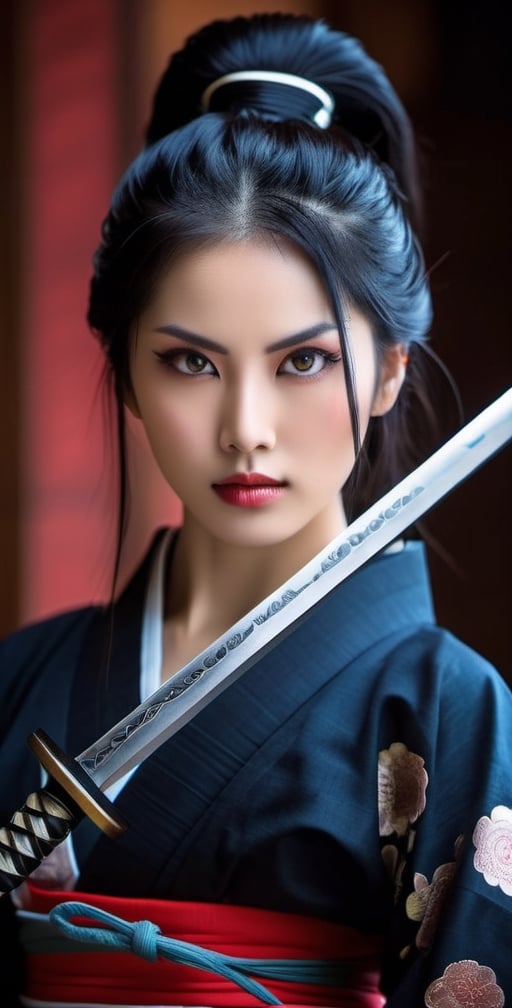 Generate an image of a girl. She possesses stunning, expressive eyes that reflect her strength and wisdom. Her long, lustrous black hair flows gracefully as she stands tall in a traditional samurai outfit, exuding elegance and power. In her hand, she firmly holds a gleaming Katana sword, symbolizing her mastery in the art of the sword and her dedication to the way of the warrior