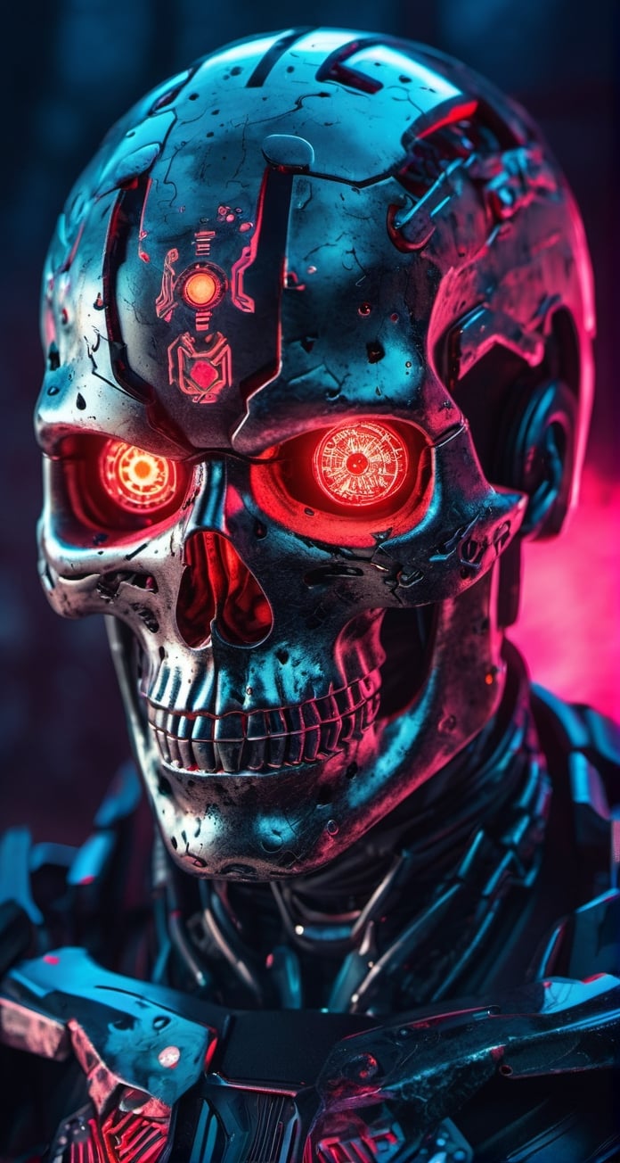 full body photo of evil menacing Translucent bio luminescent  cyborg skull, a beam of dark cosmic light  in background, red glowing vibrant eye socket,(intricate detail), (super detailed), 8k hdr, highly detailed,  perfect lighting, sinister glow,  atmospheric perspective, ray tracing, endless void background, skull fragments everywhere, Movie Still, backlighting, , cyborg style, Film Still,vaporwave style,cyborg style