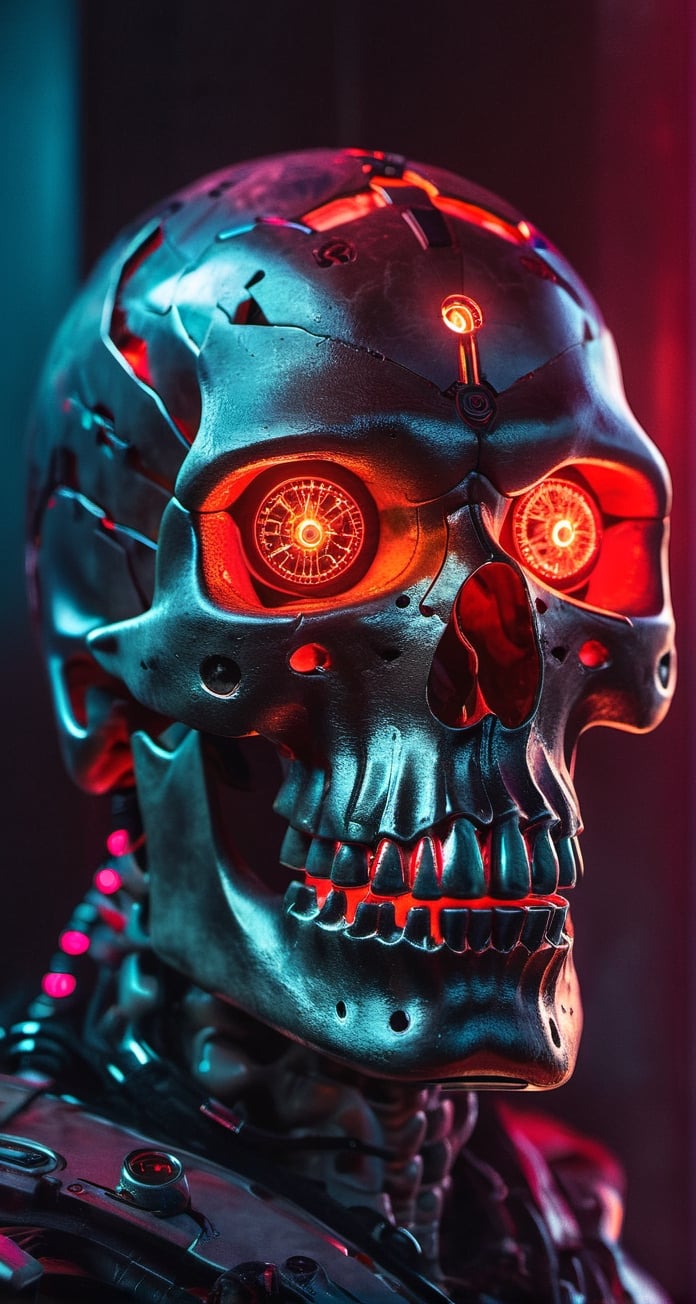 full body photo of evil menacing Translucent bio luminescent  cyborg skull, a beam of dark cosmic light  in background, red glowing vibrant eye socket,(intricate detail), (super detailed), 8k hdr, highly detailed,  perfect lighting, sinister glow,  atmospheric perspective, ray tracing, endless void background, skull fragments everywhere, Movie Still, backlighting, , cyborg style, Film Still,vaporwave style,cyborg style