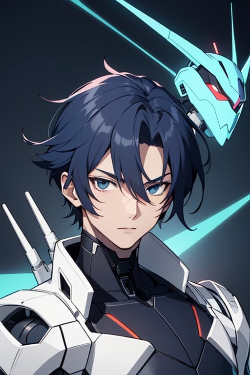  robotic anime a.i male handsome attractive smarty  and background is dark blue and black
