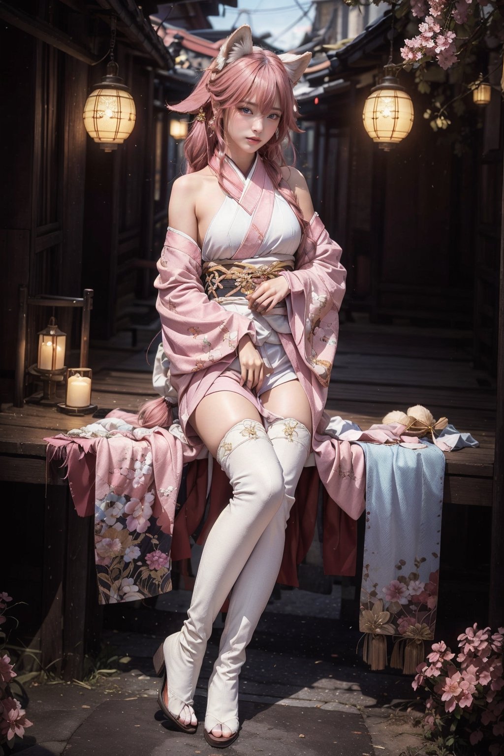 Ultra Detailed, 50mm, official art, unity 8k wallpaper, ultra detailed, aesthetic, masterpiece, best quality, photorealistic,1girl, pink hair, long hair, solo, jewelry, earrings, long hair, bangs, bare shoulders, blue eyes, thigh boots, thigh highs, hair between eyes, boots, elbow gloves,sleeveless, leggings, long sleeves, full body, asian cute face, town, two bare long legs, white-skinned girl, tall, narrow waist, dynamic pose, dynamic angle, asian,solo,yaemikodef,yu fuhua, fox_ears, fox_tail, kimono,jiae, albino_fox,yaemikornd